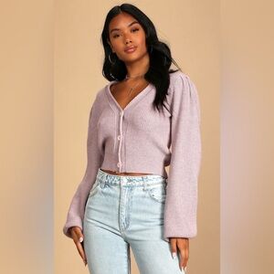 Lulus Starting Fresh Dusty Purple Knit Balloon Sleeve Cardigan Sweater